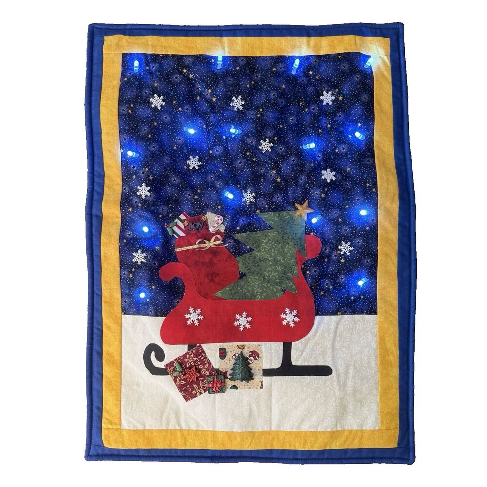 Handmade Appliqued Light Up Santa Sleigh Wall Hanging 21" x 15.5" Christmas
